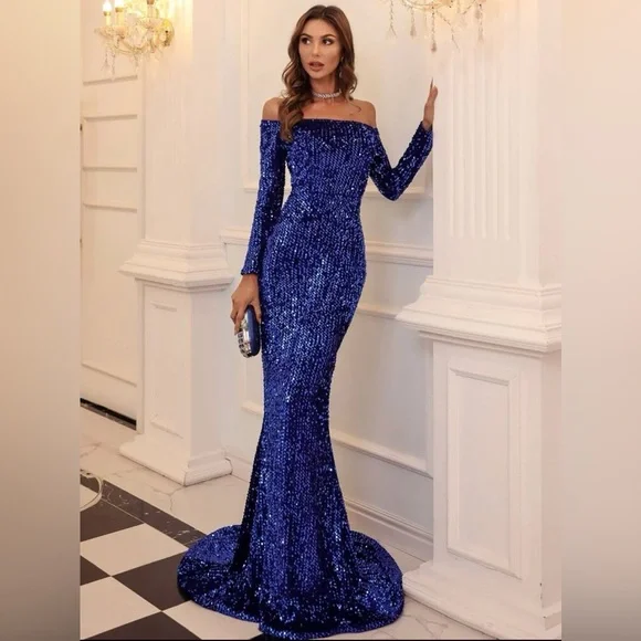 Birthday Dresses for Women Sexy Formal Patchwork Sequins Off The Shoulder Evening Dress Dresses(Royal Blue/S)
